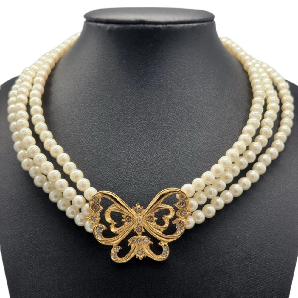Vintage Signed AVON NR 3 Strand Faux Pearl Rhinestone Butterfly Choker Necklace